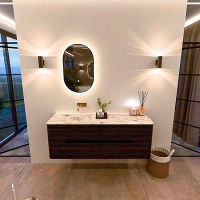 Mondiaz CIRO-DLUX Ensemble de meubles de salle de bains - 140x45x50cm - vasque solid surface Glace - 1 bassin à gauche - sans trous de robinet - 4 tiroirs - Noyer