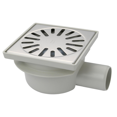 Aquaberg Siphon de sol en ABS avec bord renforcé avec grille en acier inoxydable avec sortie latérale Ø50mm non réglable 150x150mm avec clapet anti-odeurs PPC garde d'eau 50mm