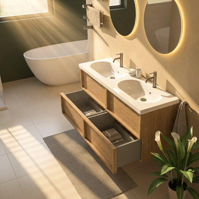 Saniclass Holz Frame Ensemble meuble de salle de bains - 140x45x63.5cm - vasque en céramique Palermo blanche - 2 lavabos - 2 trous de robinet - 4 tiroirs - chêne natural mat (bois)