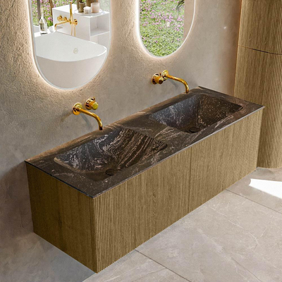 Mondiaz KURVE-DLUX Ensemble de meuble de salle de bains - 130x46x40cm - 2 tiroirs - lavabo solid surface - double - sans trou de robinet - Dusk