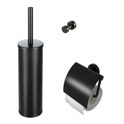 Geesa Nemox Set d'accessoires WC - Brosse de toilette avec support - Porte-rouleau de toilette avec couvercle - Crochet à serviette - Noir