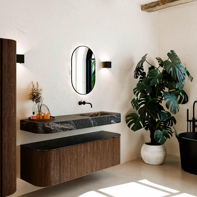 MONDIAZ THOR-DLUX 140cm meuble de salle de bains arrondi gauche + droite couleur Walnut avec 1 tiroir et 2 portes. Vasque suspendue CLOUD Droite sans trou de robinet couleur Lava.