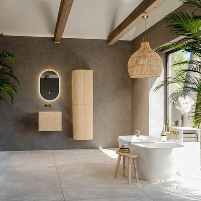 MONDIAZ KURVE-DLUX Meuble de salle de bains 50cm couleur Oak avec 1 tiroir. Lavabo GRUNNE centré sans trou de robinet couleur Frappe.