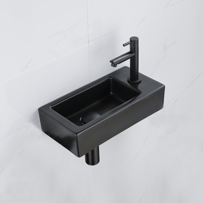 FugaFlow Eccelente Pietra Ensemble de fontaine - 37,5x18,5x9cm - céramique - trou de robinet à droite - robinet de fontaine noir mat - bouchon de vidange - siphon abaissé - Noir Mat