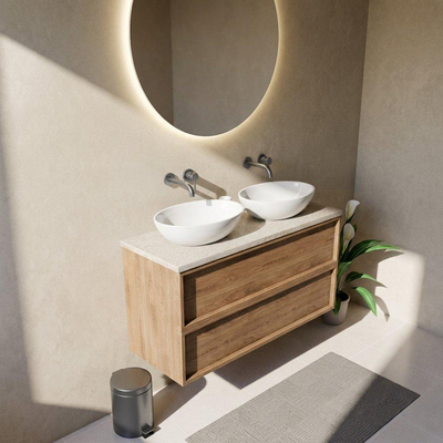 Saniclass Holz Frame Ensemble de meubles de salle de bains - 120x45x63cm - Plan de toilette en pierre naturelle travertin - sans trou de robinet - 2 tiroirs - chêne naturel mat (bois)