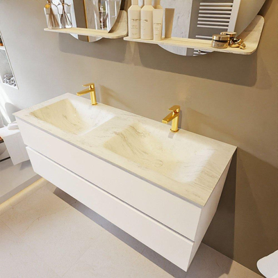 Mondiaz VICA-DLUX ensemble de meuble de salle de bain - 130cm - meuble sous-vasque talc - 2 tiroirs - lavabo encastré cloud double - 2 trous de robinet - version haute de 60cm - opalo