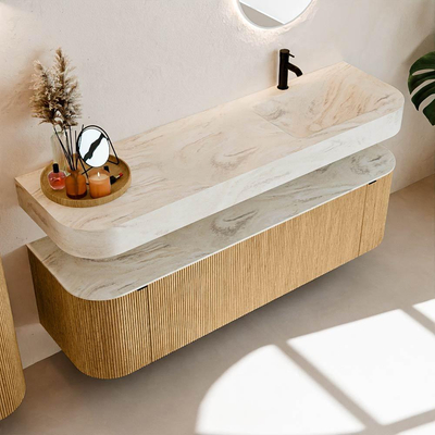 MONDIAZ THOR-DLUX 160cm badmeubel ronding links + rechts kleur Oak met 1 lade en 2 deuren. Vrijhangende wastafel CLOUD Rechts 1 kraangat kleur Ostra.