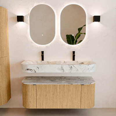 MONDIAZ THOR-DLUX 120cm badmeubel ronding links + rechts kleur Oak met 1 lade en 2 deuren. Vrijhangende wastafel CLOUD Dubbel 2 kraangaten kleur Glace.