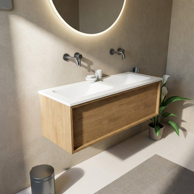 Saniclass Holz Frame Ensemble de meubles de salle de bains - 120x45x57.5cm - vasque Torino en solid surface blanche - sans trou de robinet - 1 tiroir - chêne natural mat (bois)