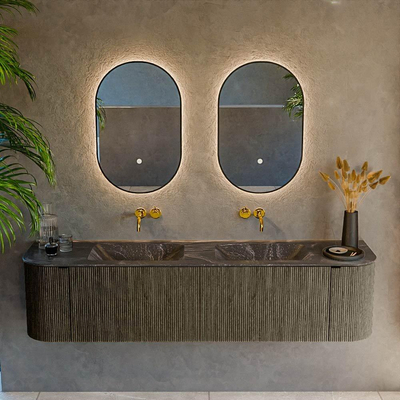 Ensemble de meuble de salle de bain Mondiaz KURVE-DLUX - 180x46x40cm - 2 tiroirs - 2 portes - lavabo en solid surface - double - sans trou de robinet - Shadow