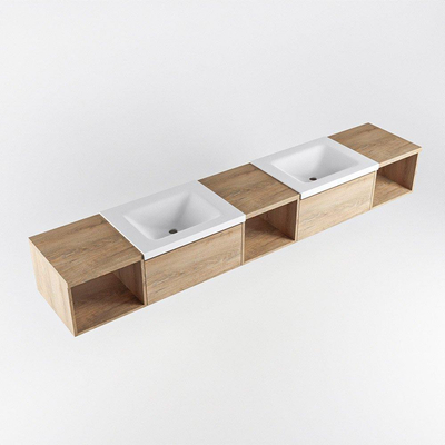 MONDIAZ BUKLA 240cm ensemble de meuble avec module ouvert 40 L+M+R couleur Chêne blanchi avec 2 tiroirs. Lavabo CLOUD double 2 trous de robinet couleur Talc.