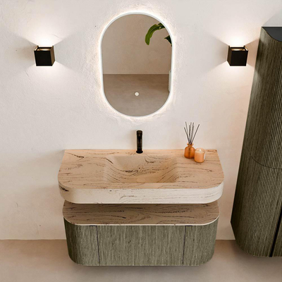 MONDIAZ THOR-DLUX 110cm meuble de salle de bains arrondi gauche + droite couleur Shadow avec 1 tiroir et 2 portes. Vasque suspendue CLOUD Milieu 1 trou de robinet couleur Arena.