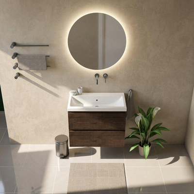 Saniclass Holz Atelier Ensemble de meubles de salle de bains - 80x45x63.5cm - lavabo Bari en céramique blanc - 1 vasque - sans trou de robinetterie - 2 tiroirs - chêne charcoal mat (bois)