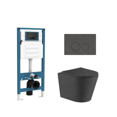 QeramiQ Dely Toiletset - inbouwreservoir Qeramiq Flush - slim zitting - natuursteen donker marmeren bedieningsplaat - ronde knoppen - mat zwart