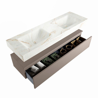 Mondiaz ALAN-DLUX Ensemble de meuble - 150cm - meuble Smoke mat - 1 tiroir - Lavabo Cloud Frappe suspendu - vasque Gauche et droite - 0 trous de robinet