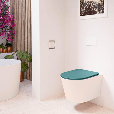 Mondiaz LAVIE hangtoilet – spoelrandloos – 36 x 53 cm – met softclose zitting – Rosee (roze), zitting Smag (groen)