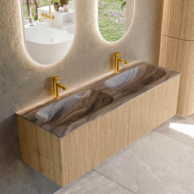 MONDIAZ KURVE-DLUX Meuble de salle de bains 140cm couleur Oak avec 2 tiroirs et 0 portes. Plan-vasque STOR SMALL Double 2 trous de robinetterie Sombra.