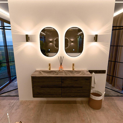 Mondiaz CIRO-DLUX Badkamermeubelset - 130x45x50cm - Solid surface wastafel Sombra - 2 wasbak Dubbel - 2 kraangaten - 4 lades - Shadow