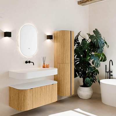 MONDIAZ THOR 100cm badmeubel ronding links + rechts kleur Oak met 1 lade en 2 deuren. Vrijhangende wastafel CLOUD Midden zonder kraangat kleur Talc.