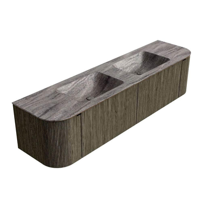 MONDIAZ KURVE-DLUX Meuble de salle de bains 180cm arrondi à gauche + à droite couleur Shadow avec 2 tiroirs et 2 portes. Lavabo LEAF Double 2 trous de robinet Oza.