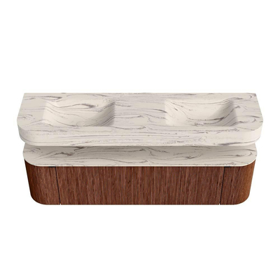 MONDIAZ THOR-DLUX 170cm meuble de salle de bains arrondi gauche + droite couleur Ruby avec 1 tiroir et 2 portes. Vasque suspendue CLOUD Double 2 trous de robinet couleur Nata.