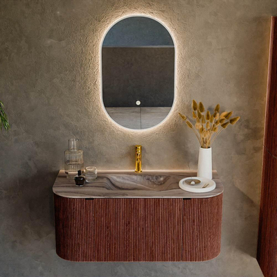 MONDIAZ KURVE-DLUX Meuble de salle de bains 100cm arrondi gauche + droite couleur Ruby avec 1 tiroir et 2 portes. Lavabo GRUNNE central 1 trou de robinet Sombra.