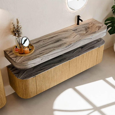 MONDIAZ THOR-DLUX Meuble de salle de bains 180cm arrondi gauche + droite couleur Oak avec 2 tiroirs et 2 portes. Vasque suspendue CLOUD Droite 1 trou de robinet couleur Sombra.