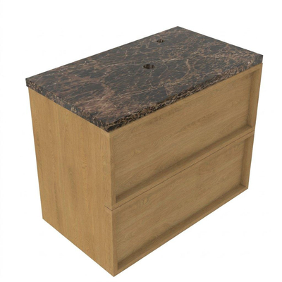 Saniclass Holz Frame Ensemble de meubles de salle de bains - 80x45x63cm - Plan de toilette en pierre naturelle Noche dark emperador - 1 trou de robinet - 2 tiroirs - chêne natural mat (bois)