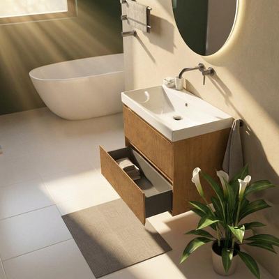 Saniclass Holz Atelier Ensemble meuble de salle de bains - 80x45x67.5cm - lavabo en céramique Wave - 1 vasque - sans trou de robinetterie - 2 tiroirs - chêne natural mat (bois)