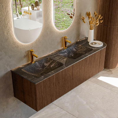 MONDIAZ KURVE-DLUX meuble de salle de bains 155 cm avec module 25 R couleur Walnut avec 2 tiroirs et 1 porte. Vasque LEAF double / gauche 2 trous de robinet couleur Lava.