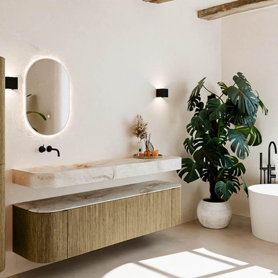 MONDIAZ THOR-DLUX 180cm meuble de salle de bains arrondi gauche + droite couleur Dusk avec 2 tiroirs et 2 portes. Vasque suspendue CLOUD Gauche sans trou de robinet couleur Frappe.