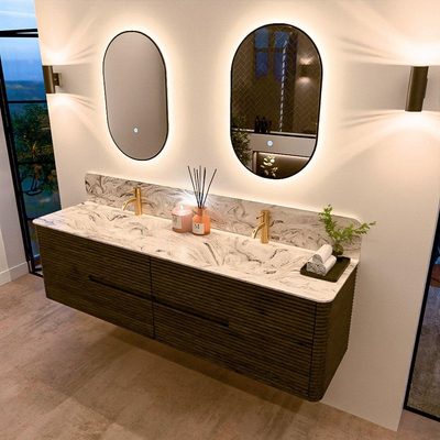 Mondiaz CIRO-DLUX Badkamermeubelset - 180x45x50cm - Solid surface wastafel Glace - 2 wasbak Dubbel - 2 kraangaten - 4 lades - Shadow