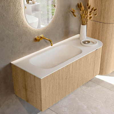 MONDIAZ KURVE Meuble de salle de bains 115 cm avec module 25 R couleur Oak avec 1 tiroir et 1 porte. Lavabo BIG SMALL gauche sans trou de robinet Talc.