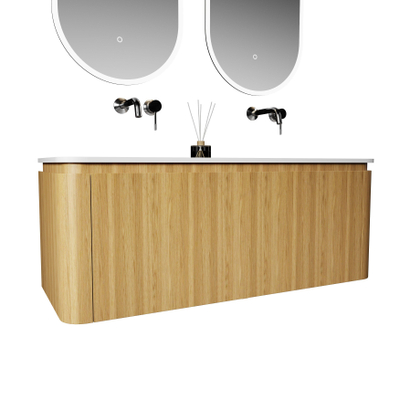 Saniclass Terra Ensemble meuble de salle de bain - 120x42x45,5 cm - lavabo en surface solide blanc mat - 2 vasques - 2 tiroirs - Sandwood (chêne clair)