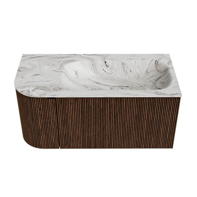 MONDIAZ KURVE-DLUX 95cm badmeubel met module 25 L kleur Walnut met 1 lade en 1 deur. Wastafel BIG SMALL rechts 1 kraangat kleur Glace.