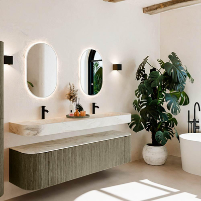 MONDIAZ THOR-DLUX 180cm meuble de salle de bains arrondi gauche + droite couleur Shadow avec 2 tiroirs et 2 portes. Vasque suspendue CLOUD Double 2 trous de robinet couleur Ostra.