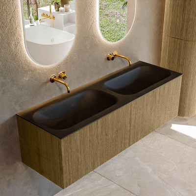 Mondiaz KURVE Ensemble meuble de salle de bains - 140x46x40cm - 2 tiroirs - vasque solid surface - double - sans trou de robinet - Dusk