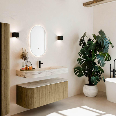 MONDIAZ THOR-DLUX Meuble de salle de bains 120cm arrondi gauche + droite couleur Dusk avec 1 tiroir et 2 portes. Vasque suspendue CLOUD Milieu 1 trou de robinet couleur Nata.