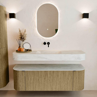 MONDIAZ THOR-DLUX 140cm meuble de salle de bains arrondi gauche + droite couleur Dusk avec 1 tiroir et 2 portes. Vasque suspendue CLOUD Milieu sans trou de robinet couleur Opalo.