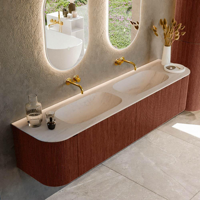 MONDIAZ KURVE-DLUX 190cm meuble de salle de bains arrondi Gauche + Droite couleur Ruby avec 2 tiroirs et 2 portes. Plan-vasque STOR SMALL Double sans trou de robinet Meli.