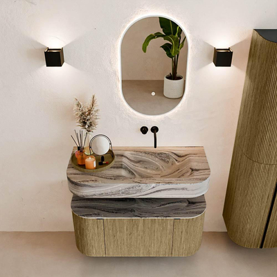 MONDIAZ THOR-DLUX 100cm meuble de salle de bains arrondi gauche + droite couleur Dusk avec 1 tiroir et 2 portes. Vasque suspendue CLOUD Droite sans trou de robinet couleur Sombra.