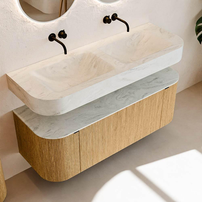 MONDIAZ THOR-DLUX 130cm meuble de salle de bains arrondi gauche + droite couleur Oak avec 1 tiroir et 2 portes. Vasque suspendue CLOUD Double sans trou de robinet couleur Opalo.