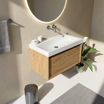 Saniclass Holz Frame Ensemble de meubles de salle de bains - 80x45x47.5cm - Wave lavabo en céramique - 1 vasque - sans trou de robinetterie - 1 tiroir - chêne naturel mat (bois)
