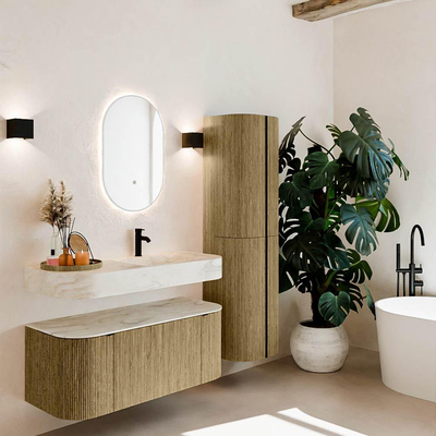 MONDIAZ THOR-DLUX Meuble de salle de bains 110cm arrondi gauche + droite couleur Dusk avec 1 tiroir et 2 portes. Vasque suspendue CLOUD Droite 1 trou de robinet couleur Ostra.