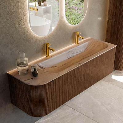 MONDIAZ KURVE-DLUX Meuble de salle de bains 145cm arrondi à gauche couleur Walnut avec 1 tiroir et 1 porte. Lavabo BIG LARGE à droite 2 trous de robinet Arena.