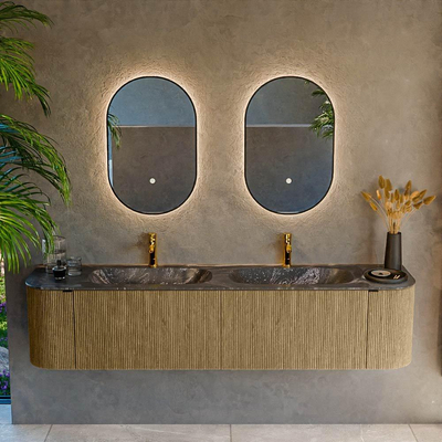 Mondiaz KURVE-DLUX Badkamermeubelset - 190x46x40cm - 2 lade - 2 deuren - wastafel solid surface - dubbel - 2 kraangaten - Dusk