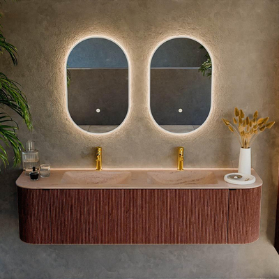 MONDIAZ KURVE-DLUX 170cm badmeubel ronding Links + Rechts kleur Ruby met 1 lade en 2 deuren. Wastafel LEAF Dubbel 2 kraangaten Saba.