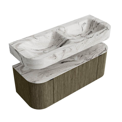 MONDIAZ THOR-DLUX 120cm meuble de salle de bains arrondi gauche + droite couleur Shadow avec 1 tiroir et 2 portes. Vasque suspendue CLOUD Double sans trou de robinet couleur Glace.