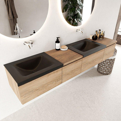 MONDIAZ BUKLA 200cm badmeubel met module 40 links kleur Washed Oak met 4 lades. Wastafel CLOUD dubbel 0 kraangaten kleur Urban.