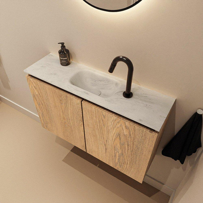 MONDIAZ TURE-DLUX Meuble toilette - 80cm - Washed Oak - EDEN - vasque Opalo - position centrale - 1 trou de robinet